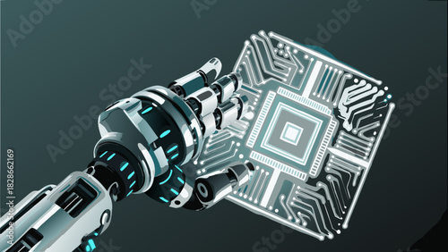 A robotic hand holding a glowing circuit board with intricate patterns against a dark teal background
