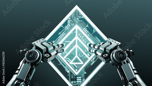 Robotic arms manipulate a glowing geometric structure with circuit board details in a futuristic setting