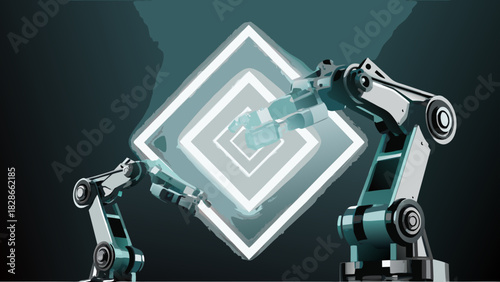 Two robotic arms reaching towards a glowing square tunnel in a futuristic industrial setting with dark tones