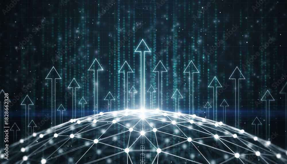 Naklejka premium Digital Advancement: An abstract depiction of digital advancement features a network sphere, intersected by upward arrows, symbolizing growth, progress, and interconnectedness.