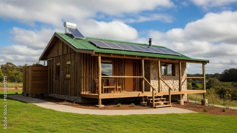 Obraz premium Charming wooden cabin with solar panels nestled in serene natural surroundings under sunny sky