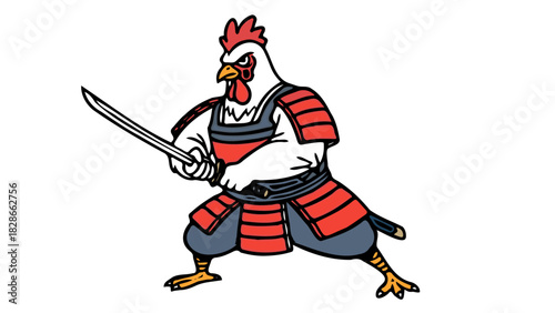 Fearsome fowl warrior ready for battle, striking rooster samurai wielding katana sword, a unique and eye catching mascot perfect for branding and designs