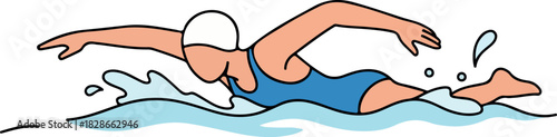 Cartoon illustration of a swimmer in a blue swimsuit, swimming freestyle.