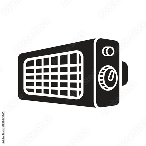 Portable electric heater icon showing a front grill and control knobs, representing indoor heating, warmth, and cold weather comfort.