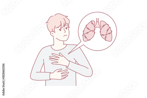 person clutching chest pointing lungs diagram, anxious expression suggesting respiratory distress, hand