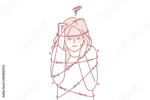 Unhappy woman in tight ropes suffer from mental or psychological problems. Upset stressed girl struggle with overthinking or anxiety limit life. Vector illustration.