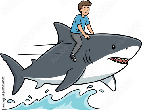 Cartoon illustration of a man riding a shark through the ocean.