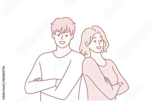 two partners standing back-to-back showing teamwork and mutual confidence in casual pose, upbeat expressions, contemporary line illustration conveying trust and startup energy