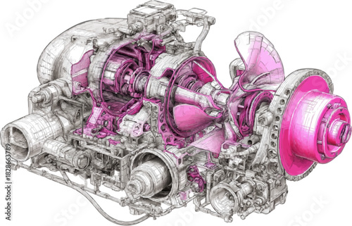 Inside the Power of Innovation: A detailed line art of a complex engine.