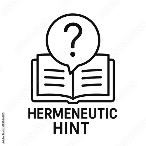 Black and white hermeneutic hint icon with open book and question mark in speech bubble, symbolizing interpretation and textual analysis