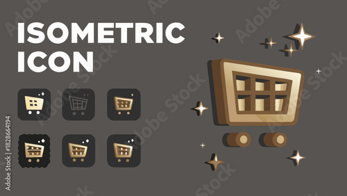 Isometric shopping cart icon variations with golden color and sparkling effects on a dark background theme design