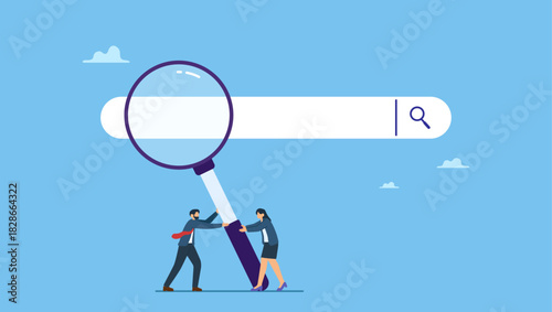 Business people HR push magnifying glass on search bar. Search new job, finding candidate or discover talent, hiring and recruitment, SEO search engine optimization, find career opportunity.