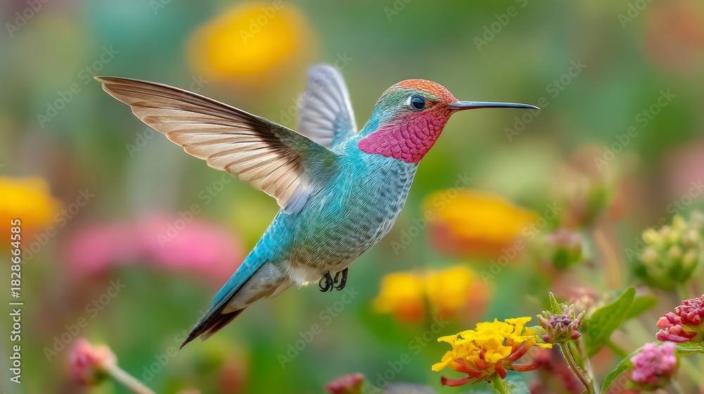 Fototapeta premium Hummingbird with outstretched wings hovering near colorful flowers in a vibrant garden scene outdoors