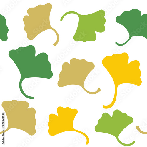 Seamless ginkgo biloba leaf pattern in green, yellow and earthy tones. Stylized botanical design inspired by natural foliage and herbal symbolism. Ideal for textiles, packaging and wellness themes. 