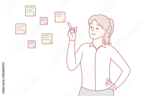 Smiling businesswoman point at sticky notes with numbers planning tasks. Happy woman prioritize to do list, share work schedule. Time management concept. Vector illustration.