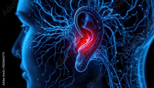 Explore the intricate human ear anatomy and nerve connections for medical research and educational purposes in vibrant detail today