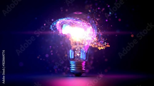 Creative light bulb explodes with colorful dry paint, sparks and splashes on a black background, concept. Think differently creative idea concept. Motion Color drop in water, Ink swirling