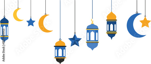 Islamic decorative lanterns and crescent moons hanging for ramadan celebration