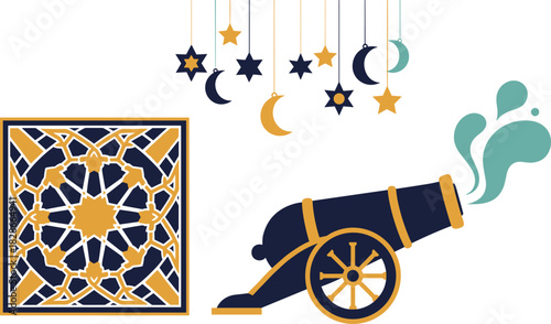 Ramadan cannon firing with crescent moons and stars decoration