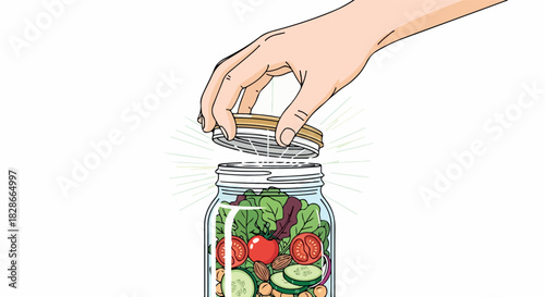 Jar of salad with hand opening lid