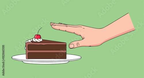 Chocolate cake slice with hand rejection