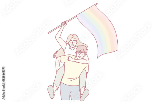 Happy couple with LGBT flag. Smiling man and woman showing support on pride parade. Homosexuality and love freedom. Vector illustration.