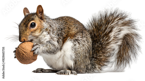 A squirrel meticulously cracking open a hard nut with its strong teeth, focused on the task, a clear display of its foraging prowess, isolated on a Transparent background