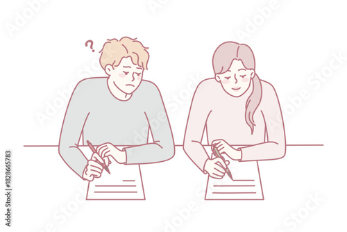 Boy cheating on school exam copy answers from female classmate. Schoolchildren with papers on examination during test. Flat vector illustration.