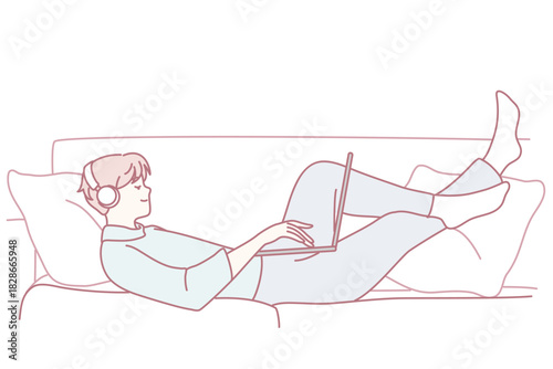 caucasian man reclining on couch laptop, freelance writer editing draft, soft pastel line drawing, cozy living room, casual sweater and socks, headphones, relaxed focused expression,