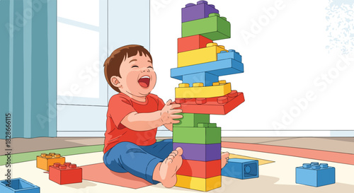 A happy toddler laughs while playing with colorful building blocks, constructing a tall tower in a bright room.