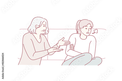 Mature mother scold unhappy grownup daughter at home. Elderly mom lecture stressed annoyed adult girl child. Generation gap. Vector illustration.