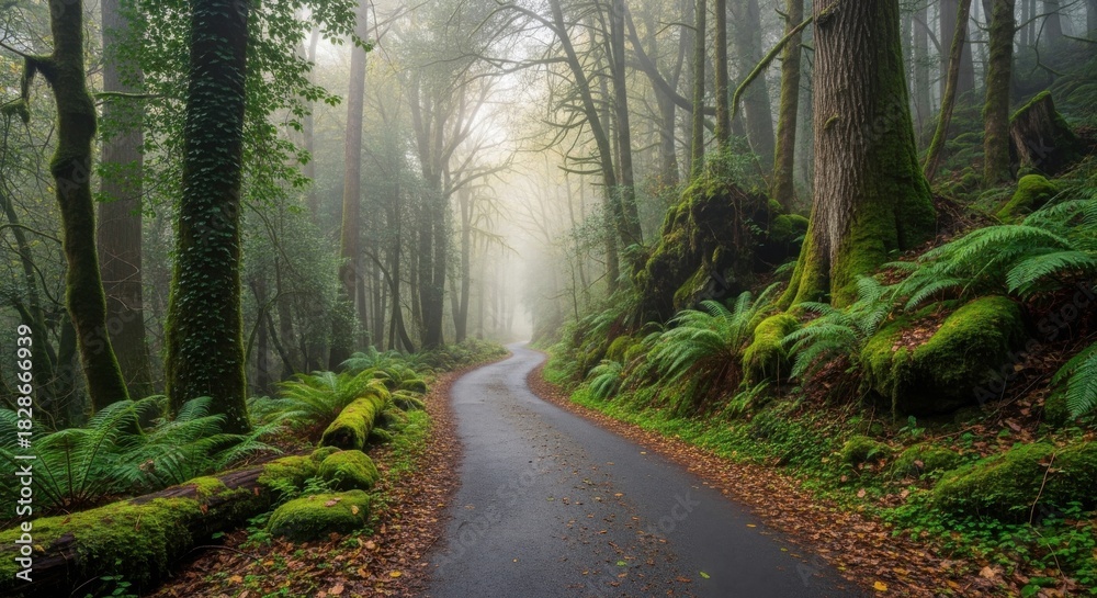 Fototapeta premium Misty Forest Road with Mossy Green Trees and Lush Ferns