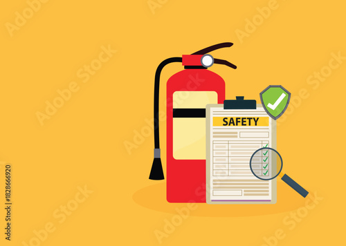 Fire fighting checklist. Extinguisher and paper tablet with checkmarks. Document at clipboard. Firefighting safety. Flame prevention checklist page. Extinguishing guidance
