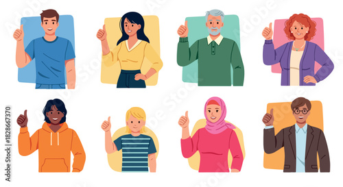 Diverse people giving thumbs up with colored backgrounds