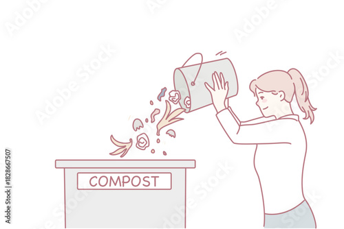Woman throwing waste in compost container. Caring young female recycle organic trash sort garbage. Ecology conservation. Vector illustration.