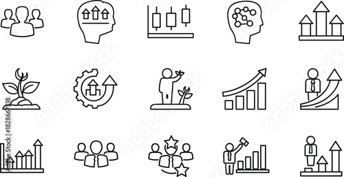 Business growth icons, teamwork, analytics, career success, leadership, mentoring, development, vector line art, flat style, cad drawing flat vector illustration