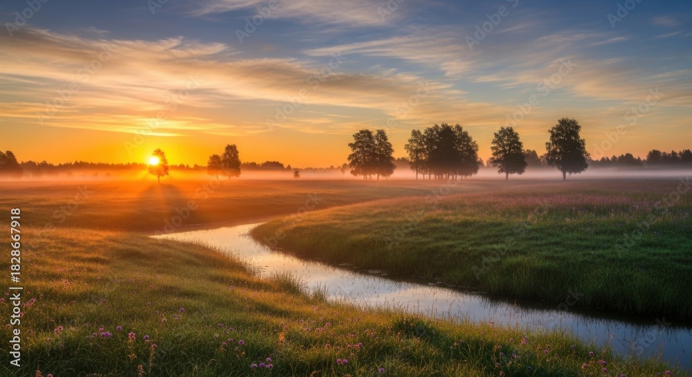 Fototapeta premium Misty Sunrise Over Winding River and Green Fields