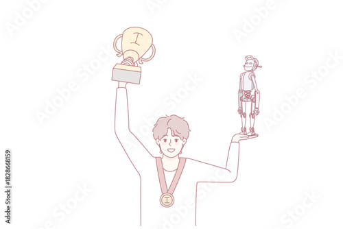 Happy boy holding robot and prize excited about contest victory. Smiling child win robotic competition. Engineering student with award. Flat vector illustration.
