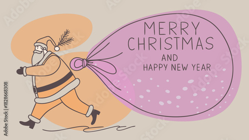 Santa claus hurries with a bag full of gifts to celebrate christmas day