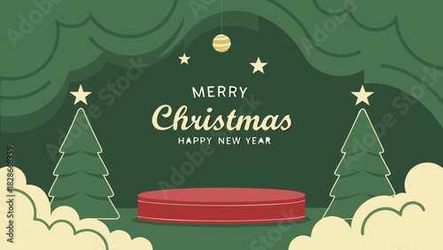 Festive christmas background with christmas trees and podium for product display