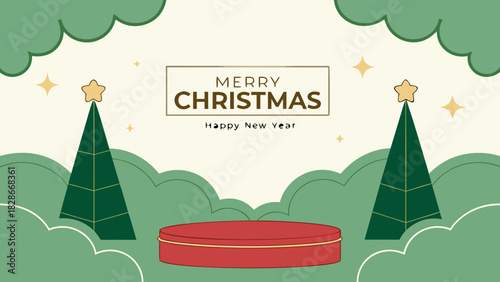 Festive christmas scene with trees, stars, and a podium for product display