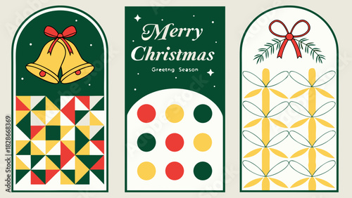 Festive christmas card set with geometric patterns and holiday greetings