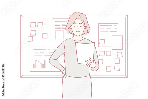 project manager standing before board presenting charts and roadmap, organized meeting scene with sticky notes and charts, decisive leadership delivering briefing and aligning team goals