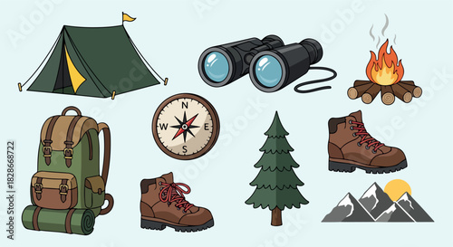 Camping gear icons set for outdoor adventure