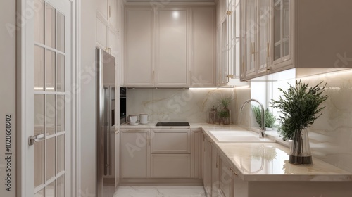 Elegant Modern Kitchen Interior Design with Stylish Cabinets, Sleek Countertops, Large Windows, and Minimalist Decor for Contemporary Living Spaces