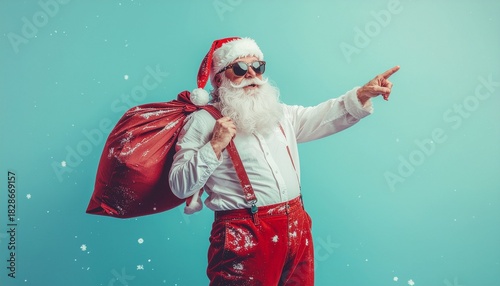 Santa Claus with a bag of gifts on a blue background points his finger to the side