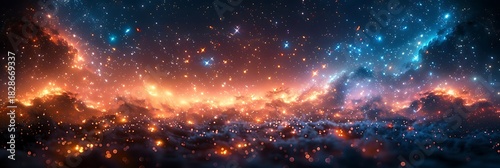 Panoramic Cosmic Tapestry of Fiery Nebulae and Starry Skies Above a Glowing Cityscape