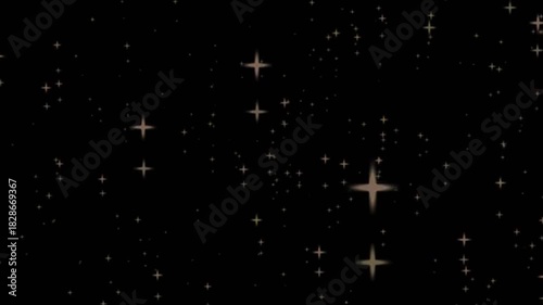 Weiße Sterne, die langsam nach oben fliegen, isoliert auf schwarzem Hintergrund.