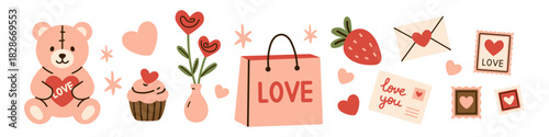 Vector set of cute valentine love elements with teddy bear, heart flower, cupcake, shopping bag, strawberry, envelope and love letter. Romantic holiday collection for greeting card and sticker design.
