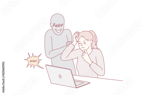 Confused woman looking at computer screen reading fake news online. Frustrated female use laptop worried about notification on web. Propaganda and media manipulation.